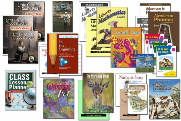 Collection of books and supplies included in Christian Liberty Homeschools' Kindergarten homeschool program.