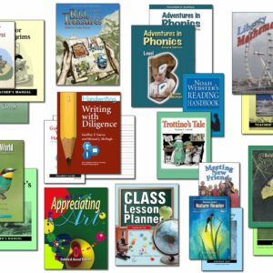 Collection of books and supplies included in Christian Liberty Homeschools' 1st grade homeschool program.