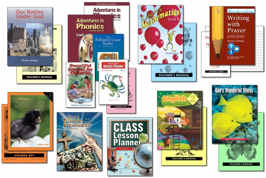 Collection of books and supplies included in Christian Liberty's 2nd grade homeschool program.