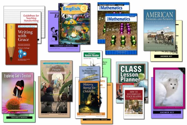 Collection of books and supplies included in Christian Liberty Homeschools' 3rd grade homeschool program.