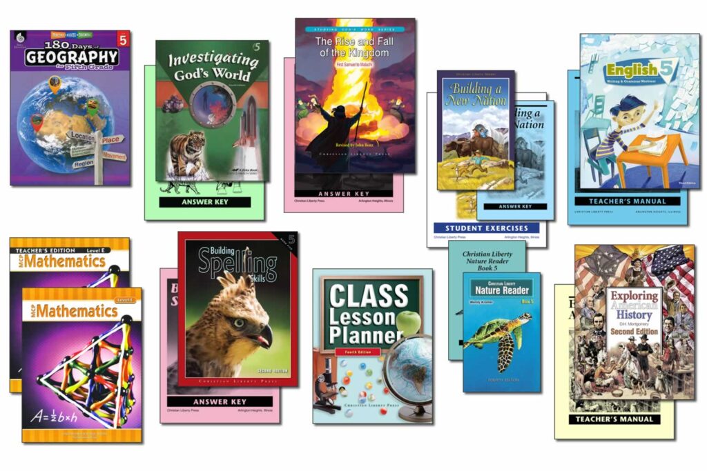 Collection of books and supplies included in Christian Liberty Homeschools' 5th grade homeschool program.