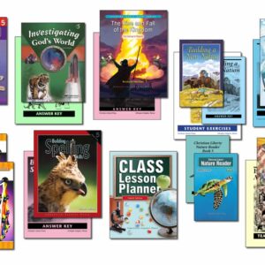 Collection of books and supplies included in Christian Liberty Homeschools' 5th grade homeschool program.