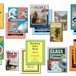 Collection of books and supplies included in Christian Liberty Homeschools' 7th grade homeschool program.