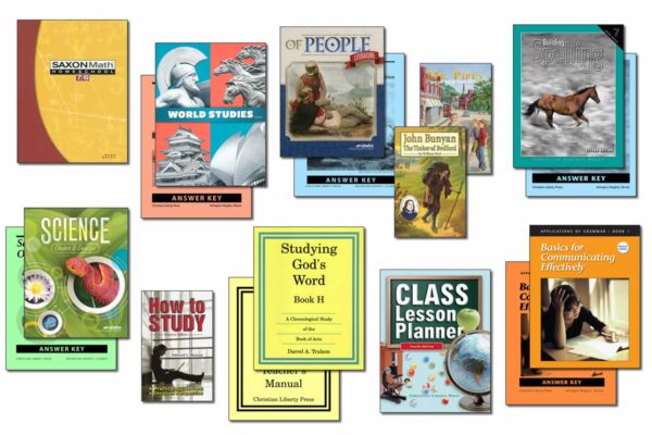 Collection of books and supplies included in Christian Liberty Homeschools' 7th grade homeschool program.
