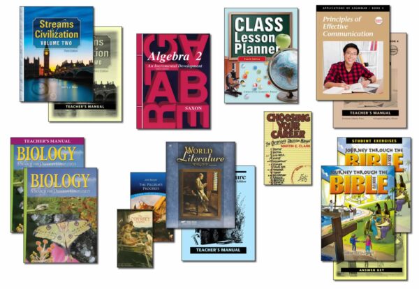 Collection of books and supplies included in Christian Liberty Homeschools' 10th grade homeschool program.