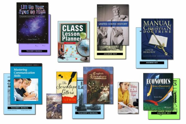 Collection of books and supplies included in Christian Liberty Homeschools' 12th grade homeschool program.