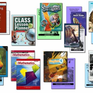 Collection of books and supplies included in Christian Liberty Homeschools' 4th grade homeschool program.