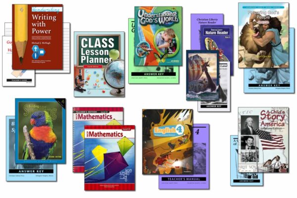 Collection of books and supplies included in Christian Liberty Homeschools' 4th grade homeschool program.