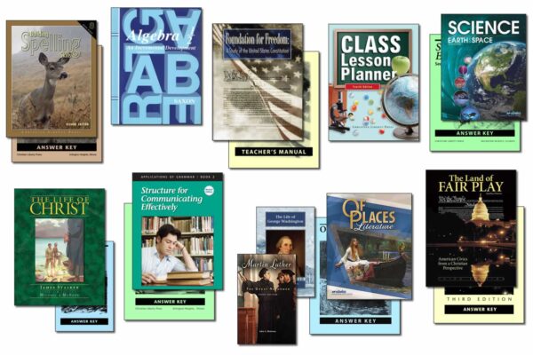 Collection of books and supplies included in Christian Liberty Homeschools' 8th grade homeschool program.