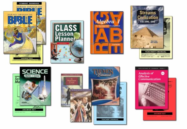 Collection of books and supplies included in Christian Liberty Homeschools' 9th grade homeschool program.