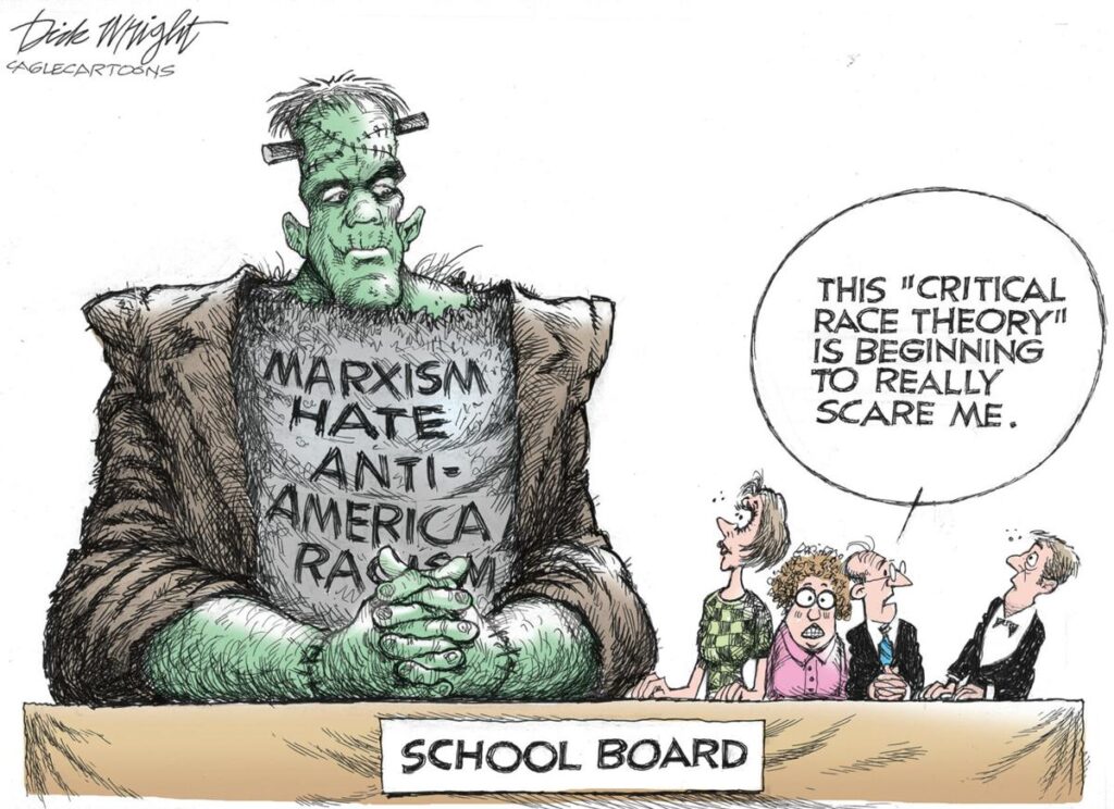 Illustration of Frankenstein sitting on the School Board