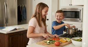 Homeschool children helping with lunch as part of a home team daily habit.