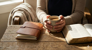 A homeschool mom starting her morning with coffee and a Bible for a peaceful daily anchor.